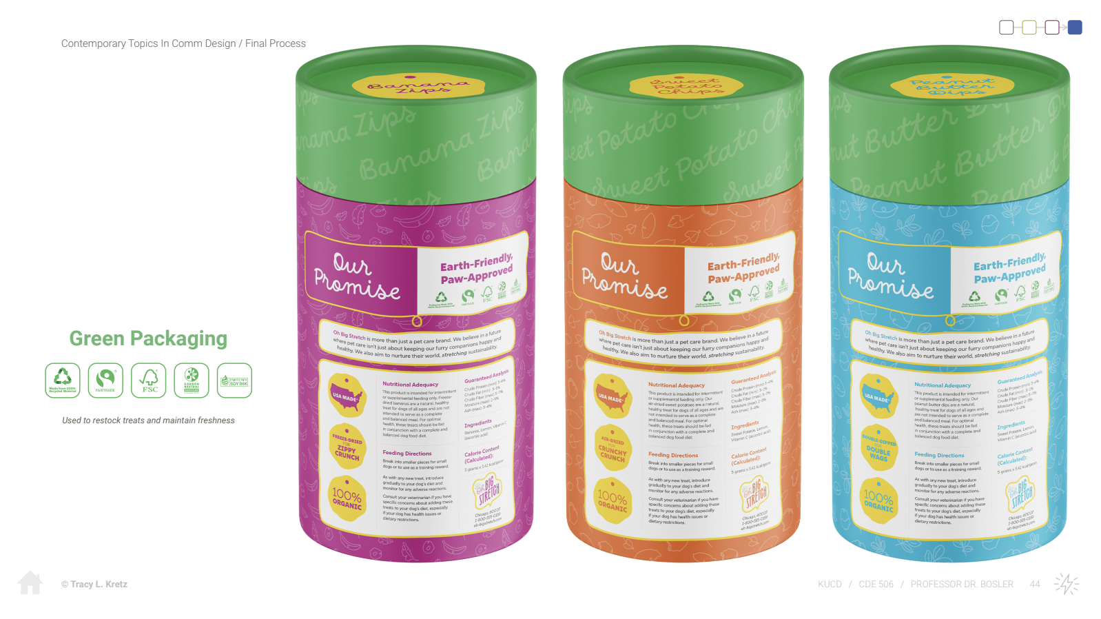 Green eco-friendly pet food packaging design with three cylindrical containers in purple, orange and blue colors